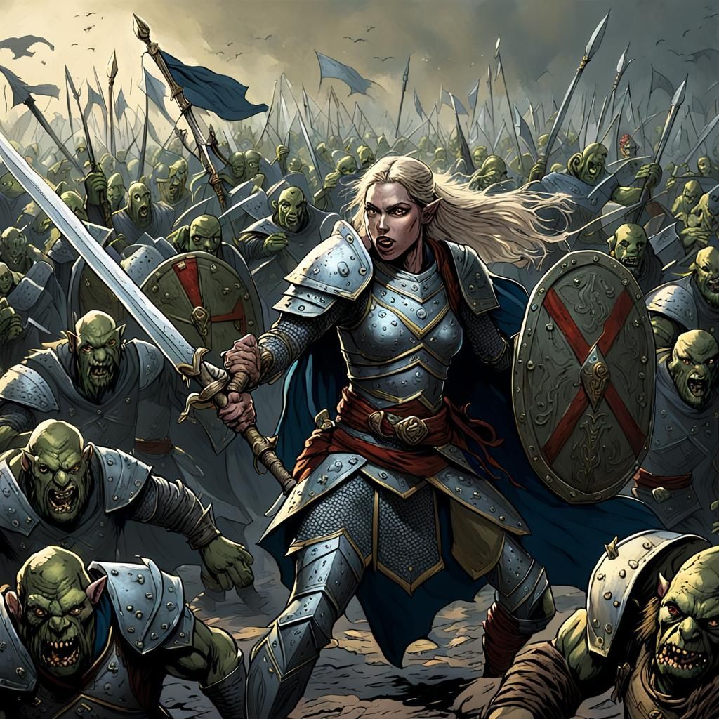 Elf Paladin Fighting Orc Horde in Horror Style