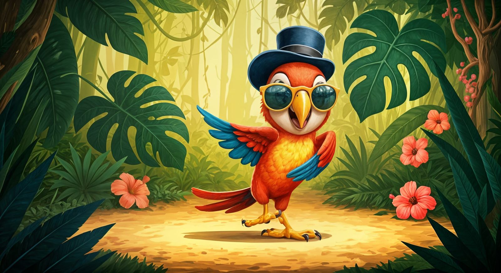 Joyful Parrot Boogieing in Colorful Jungle Scene