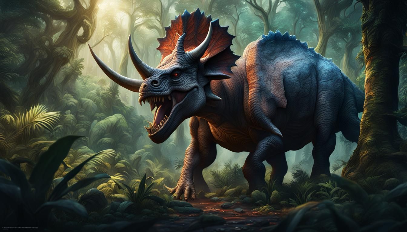 Triceratops Fight in a Dark Fantasy Jungle