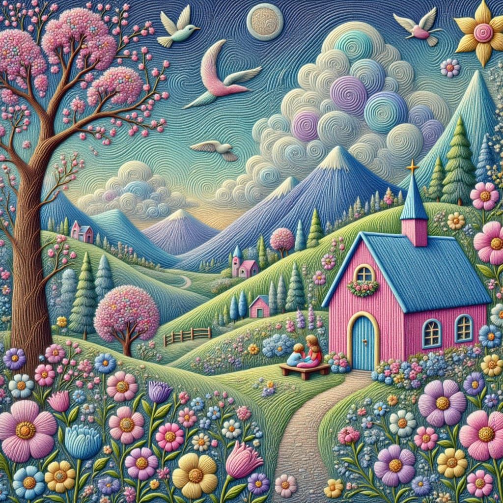 Child Reading to Kittens in Candlelit Quilt Fort