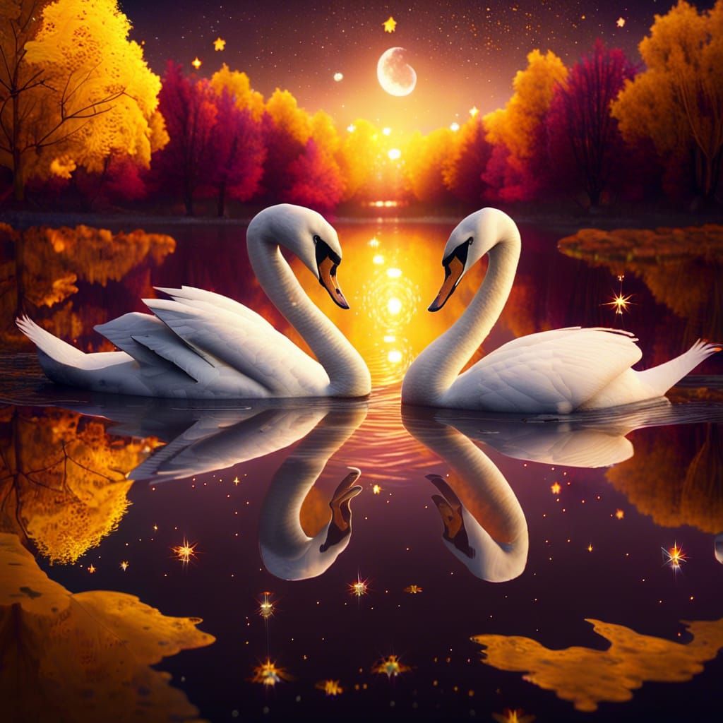 Swans Reflect Starlight at Sunset: Digital Art