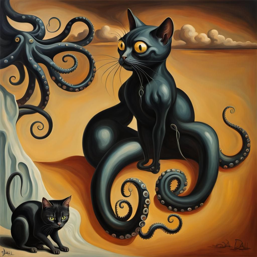 Surreal Black Cat Octopus in Dali Style