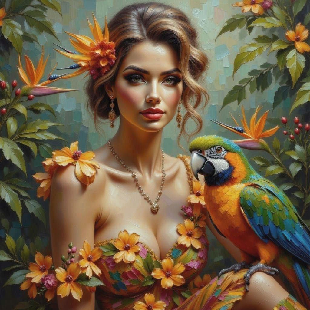 Exotic Woman with Parrot and Bird of Paradise