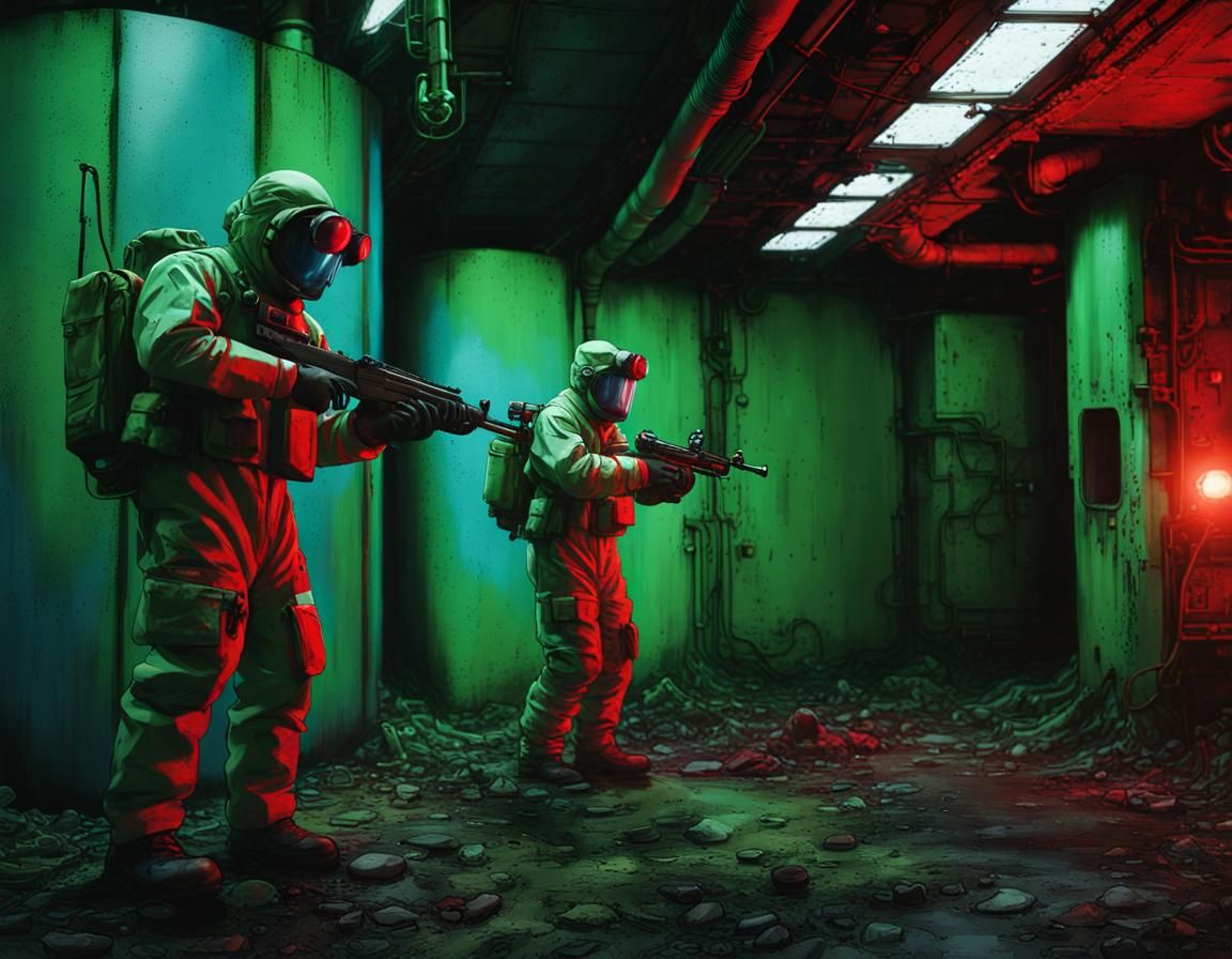 Men in Hazmat Suits Patrolling Abandoned Industrial Tunnel