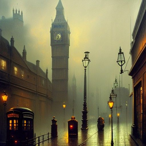 Foggy London Town Steampunk Oil Painting