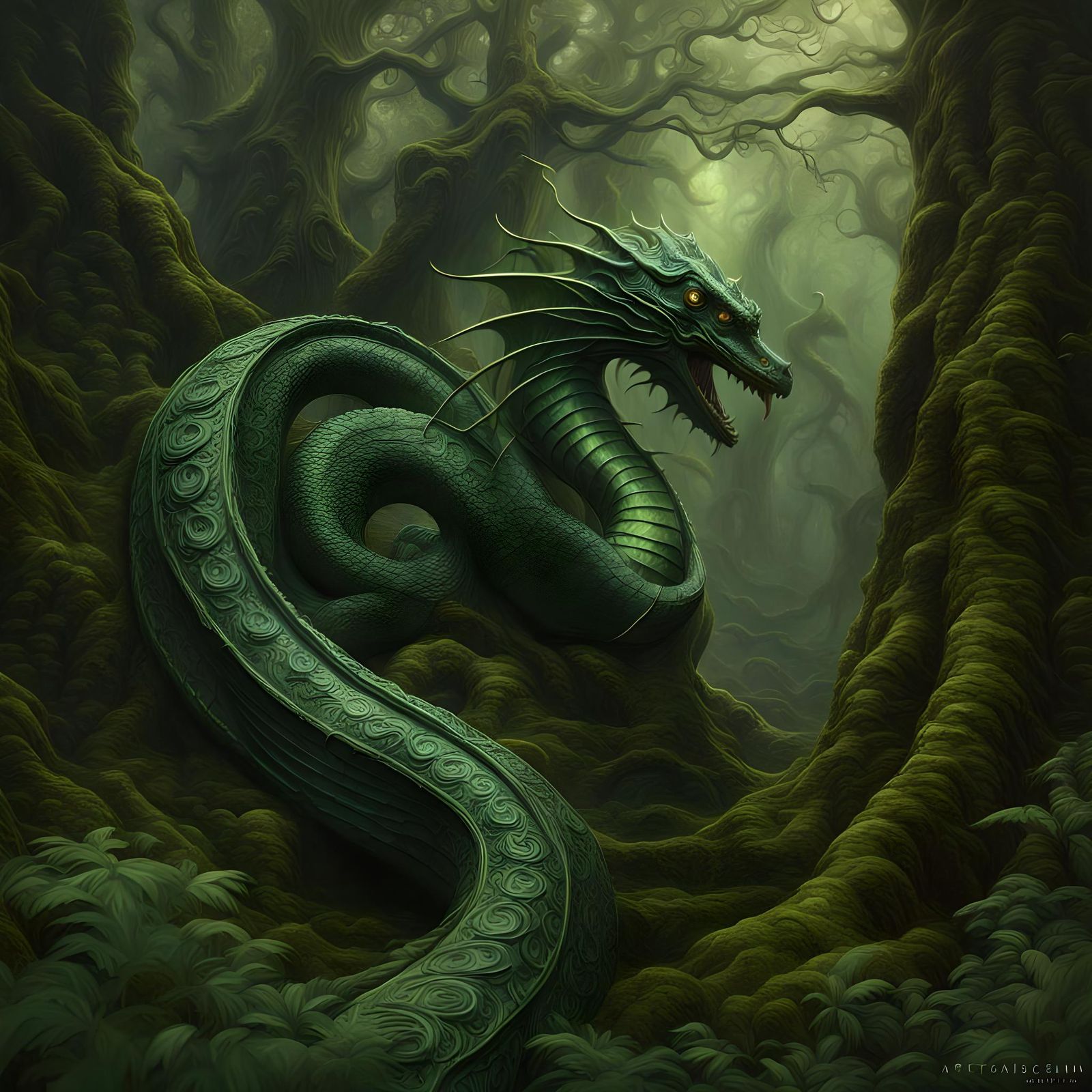 Basilisk in Agartha Forest: Mythological Artwork