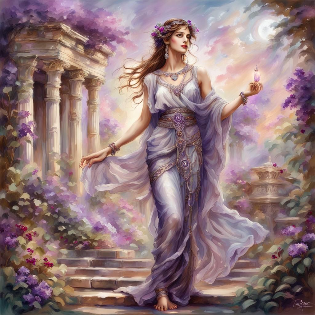 Elegant Goddess in Temple Garden, Digital Art