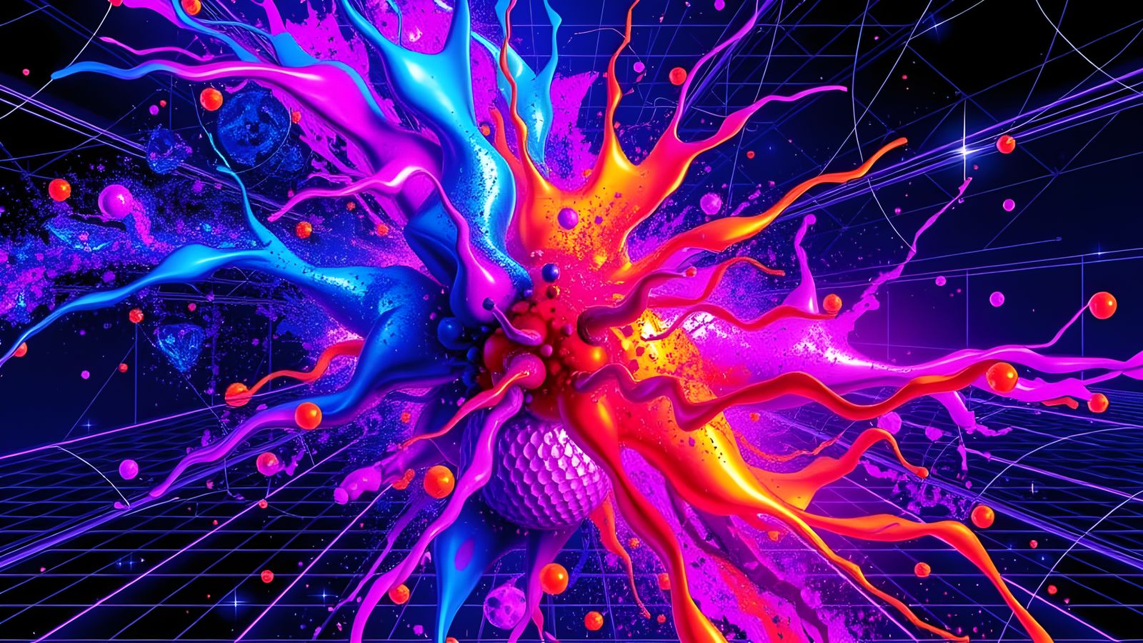 Cosmic Liquid Metal Splatter in Synthwave Style