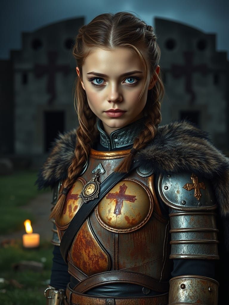 Young Lady Knight Stands at Ancient Tomb Threshold