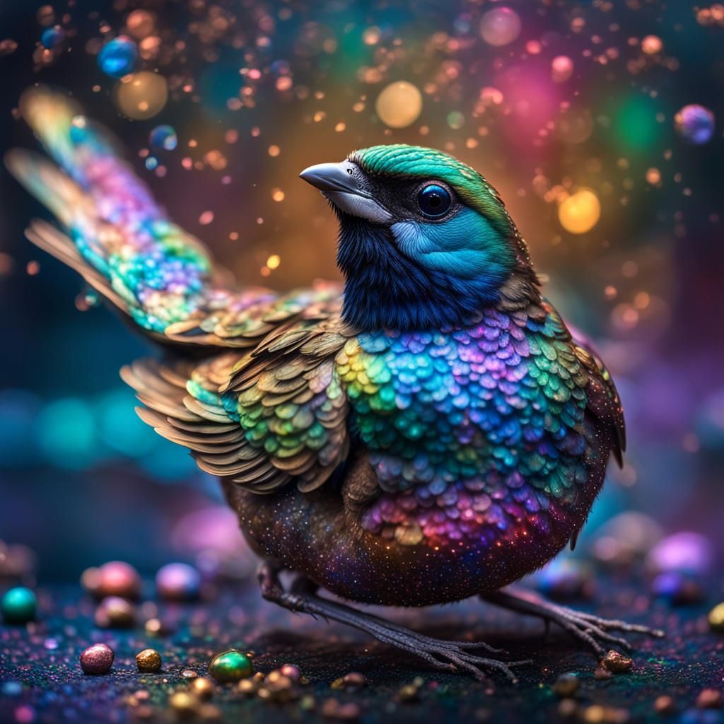 Iridescent Sparrow with Rainbow Glitter Core