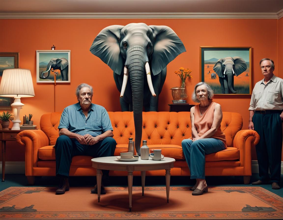 People and Elephant in Art Deco Style