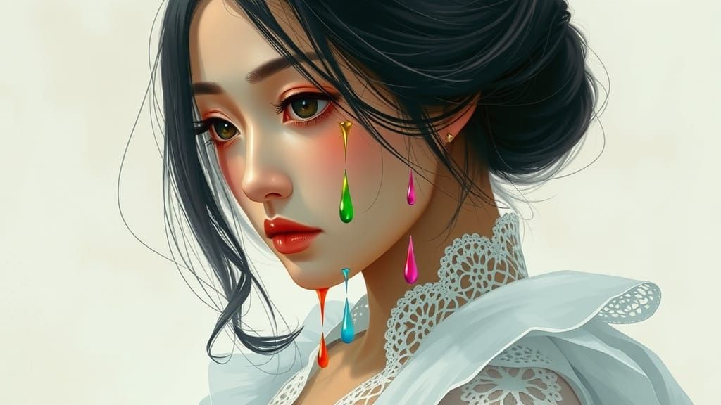 Heartbroken Asian Beauty in Vibrant, Rainbow Tears