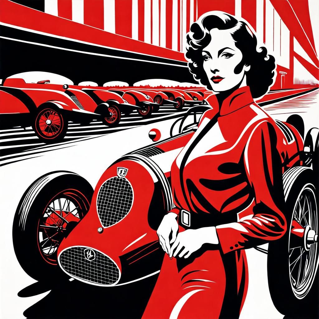 Female Racer in Ferrari: Linocut by Jean Graton