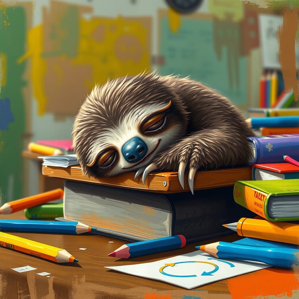 Whimsical Sloth in a Vibrant Study Scene