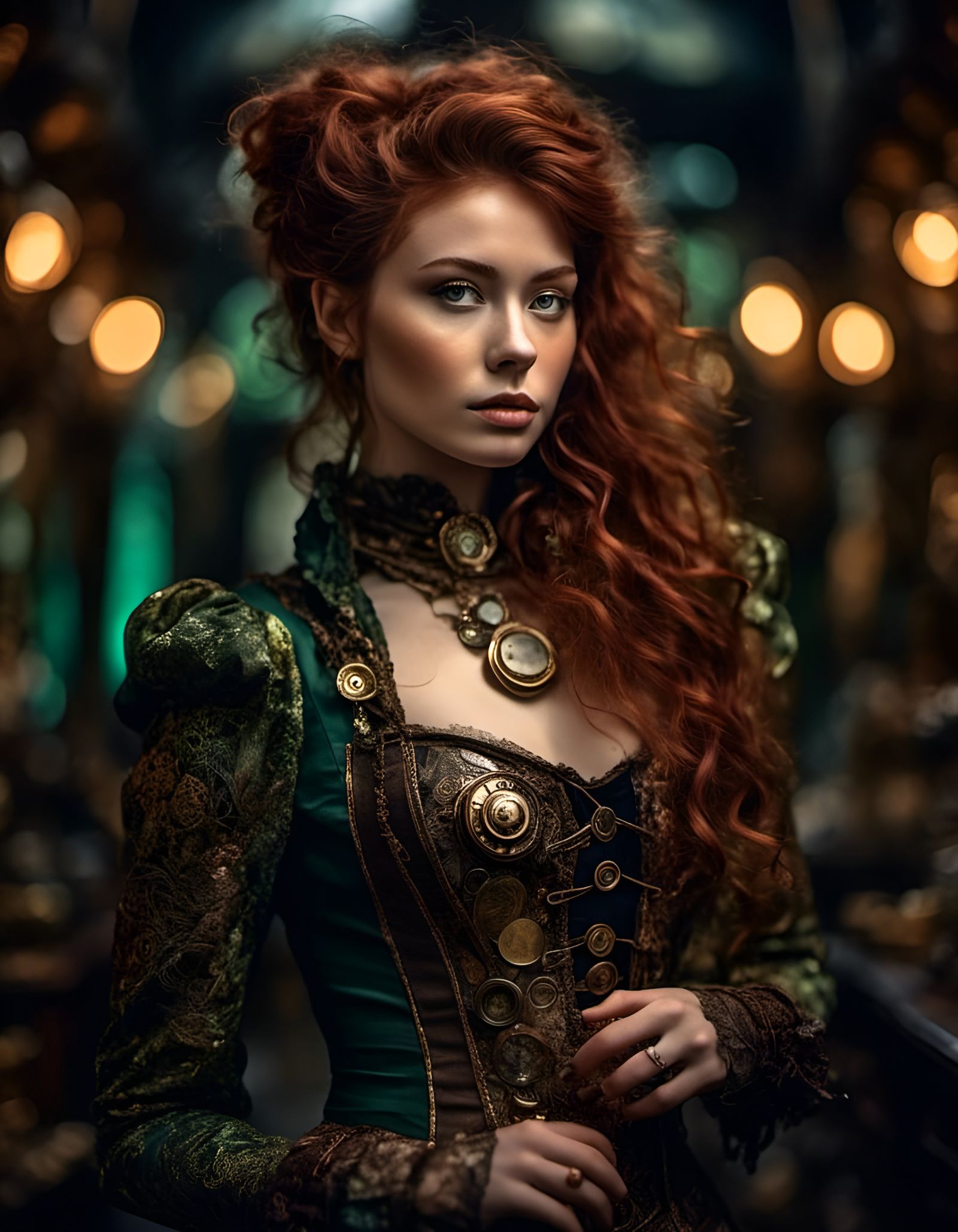 Steampunk Woman Portrait with Brass Details and Bokeh