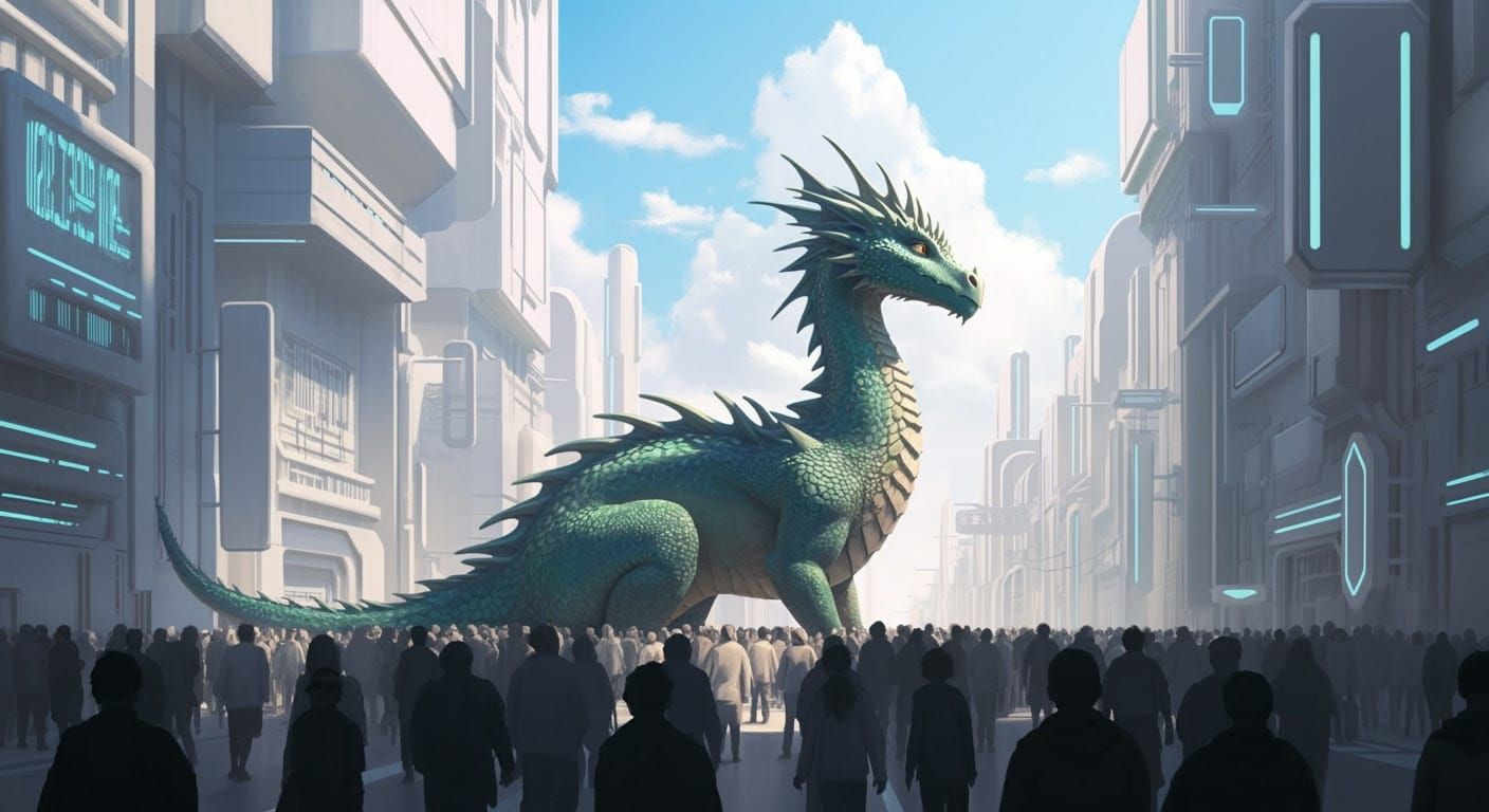 Dragon in Futuristic City Overseeing Crowd