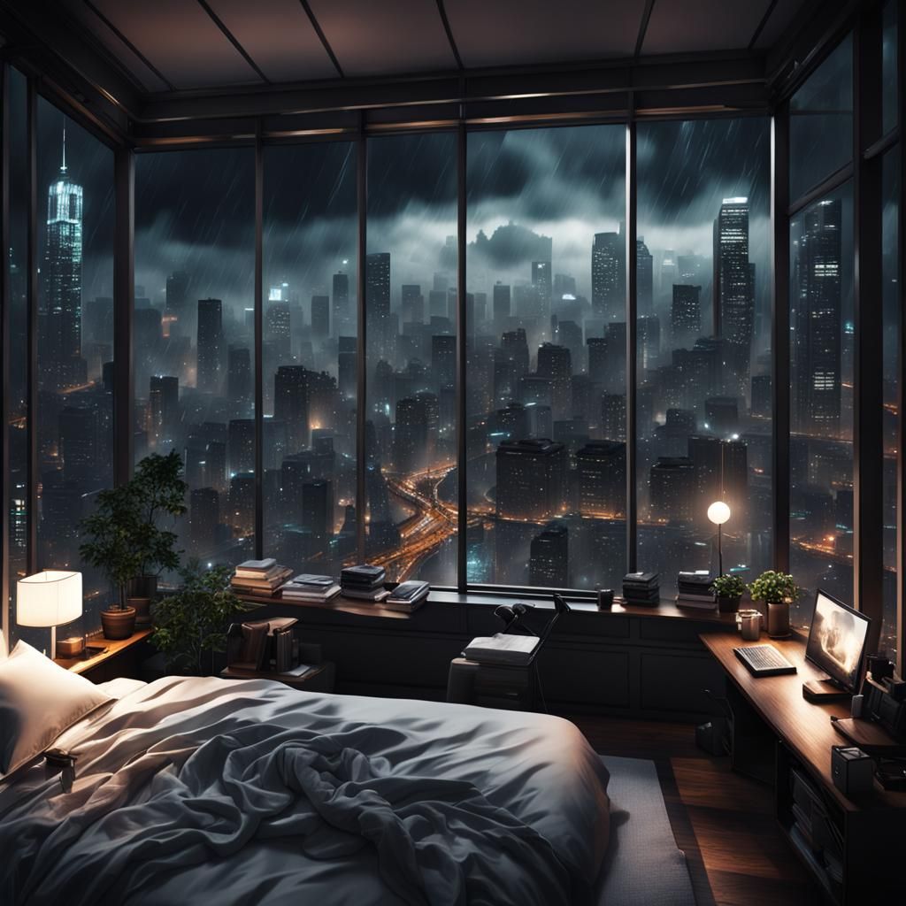 Cyberpunk City View from Cozy Bedroom