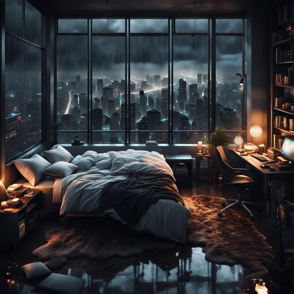 Cyberpunk City View from Cozy Bedroom