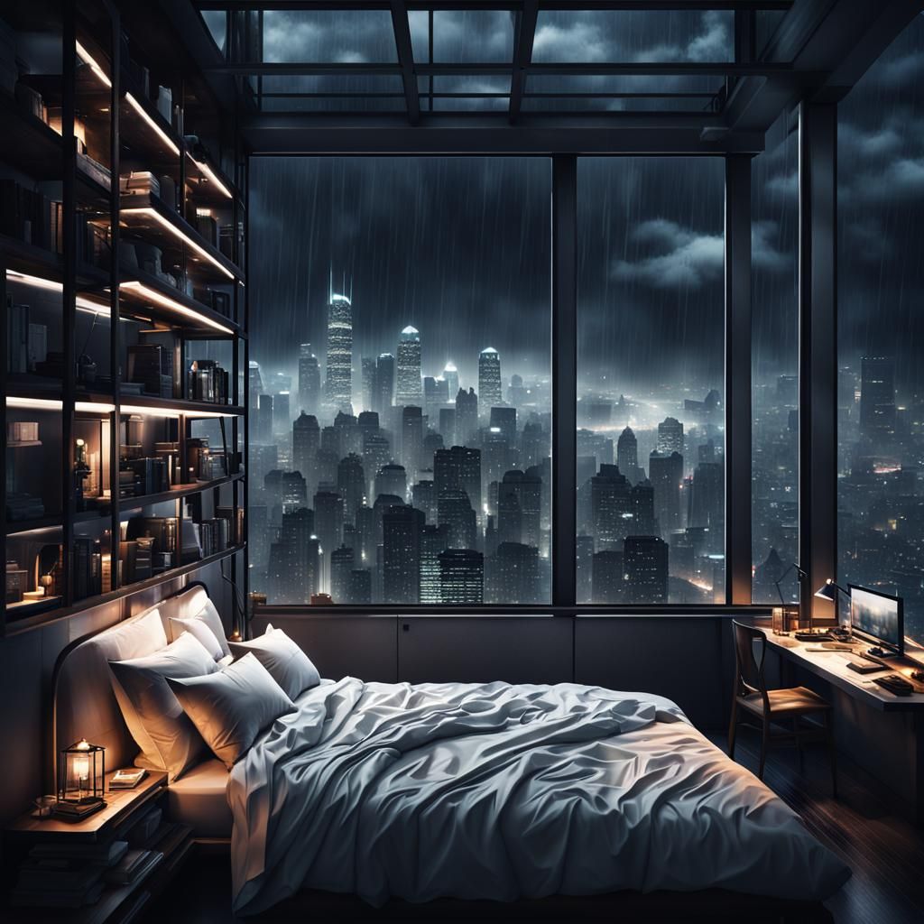 Cyberpunk City View from Cozy Bedroom