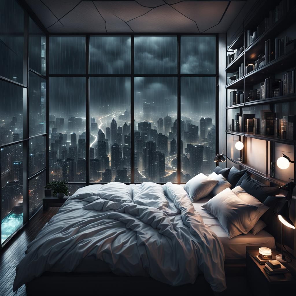 Cyberpunk City View from Cozy Bedroom