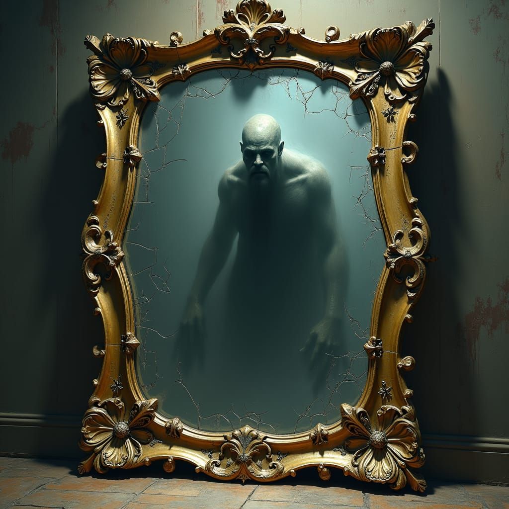 Eerie Mirror Reflects Ghostly Figure in Digital Painting
