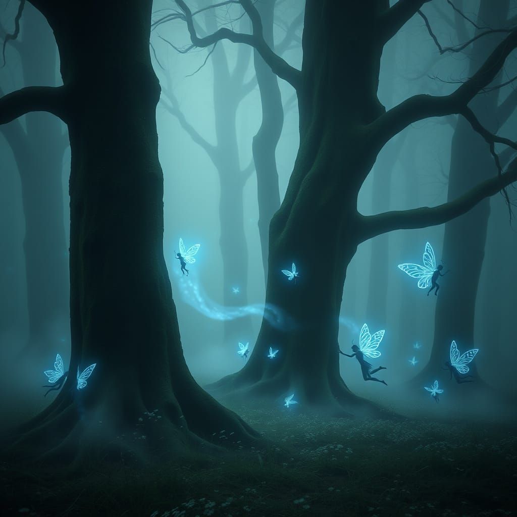 Ethereal Fairies in Misty Woodland Scene