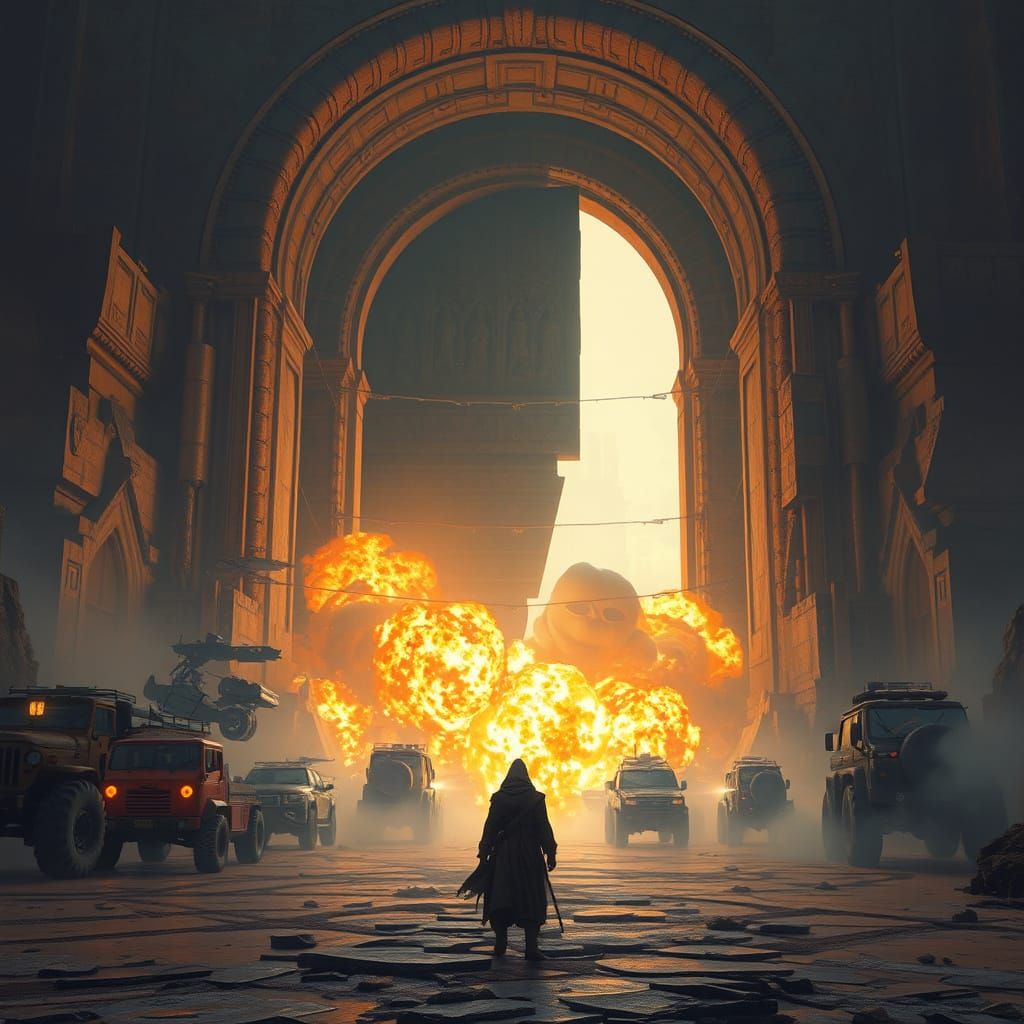 Mystical Figure Before Ancient Doorway in Dark Fantasy Style