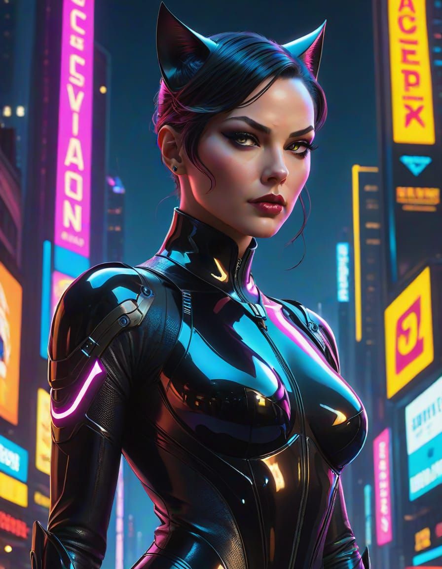 Cyberpunk Catwoman Portrait in Neon City