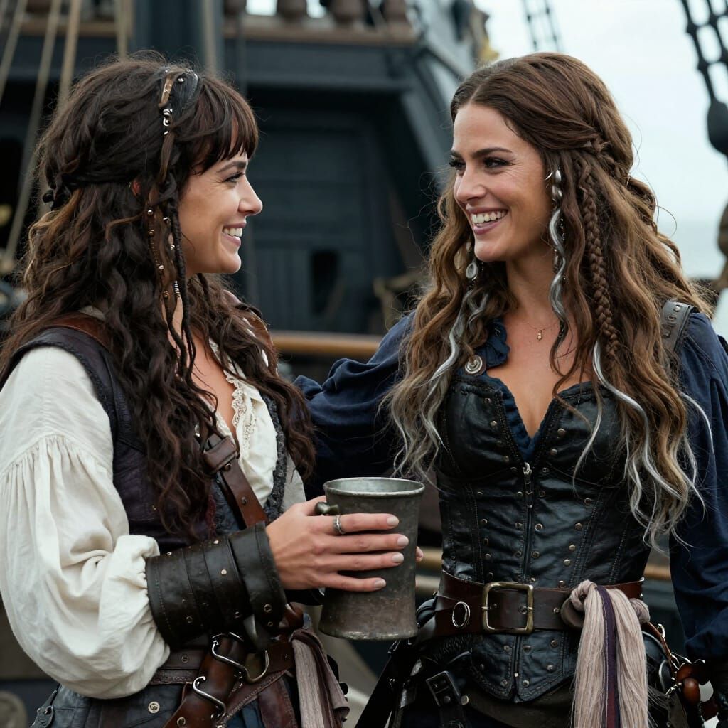 Two Female Pirates Chatting on a Ship Deck