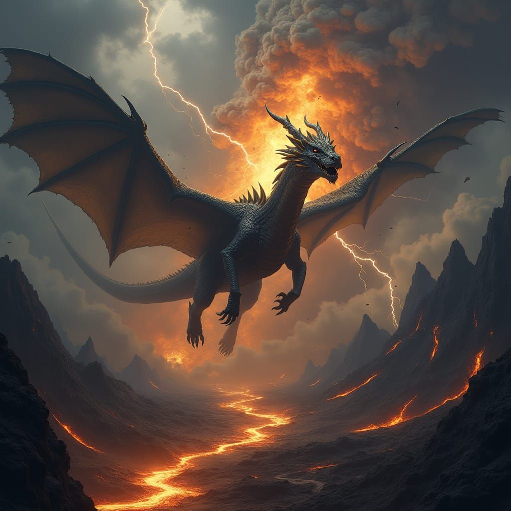 Majestic Black and Gold Dragon Soars Through Turbulent Skies