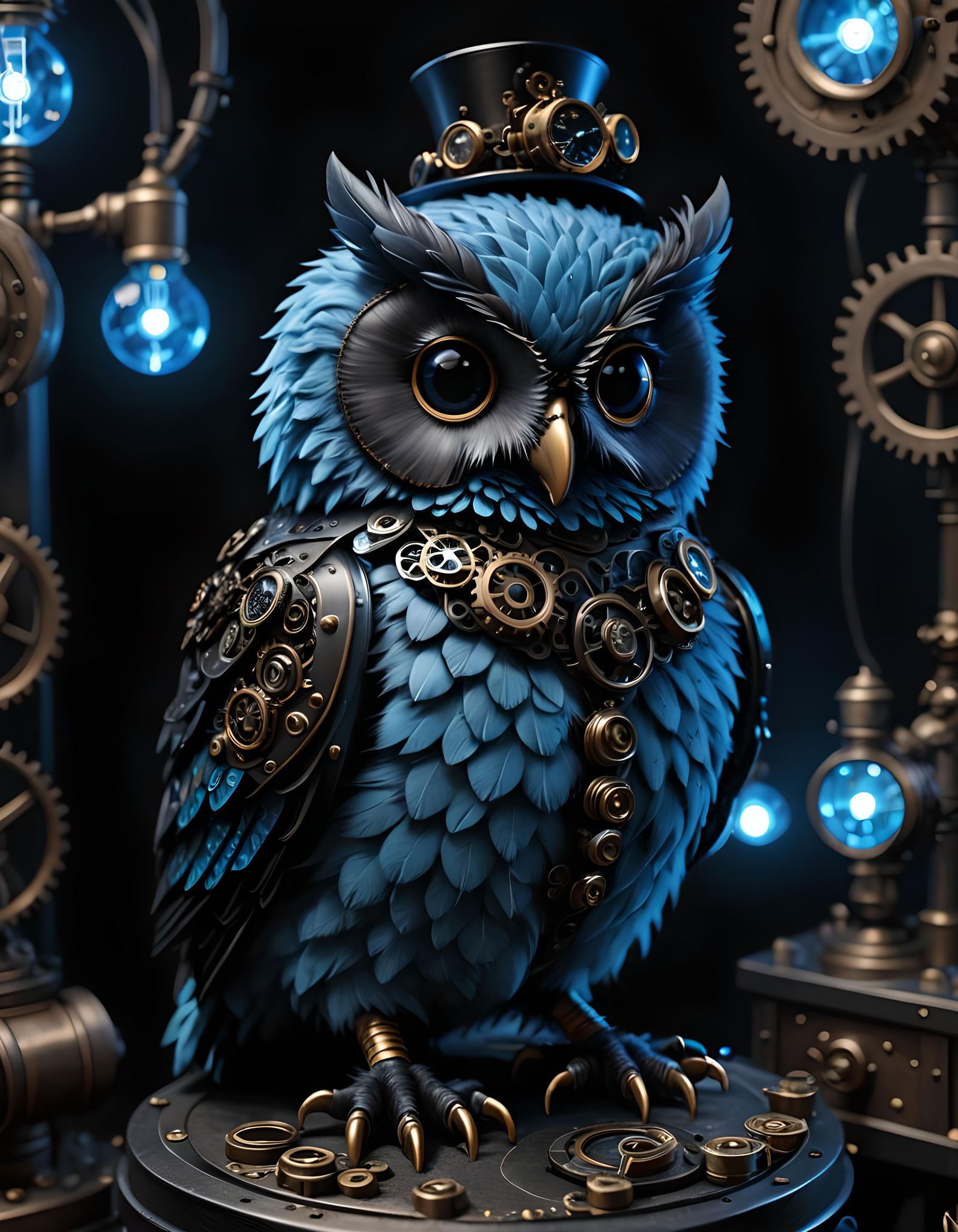 Adorable Blue Owl in Steampunk Habitat
