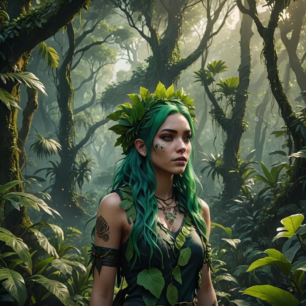 Green-Haired Girl in Jungle: Detailed Matte Painting