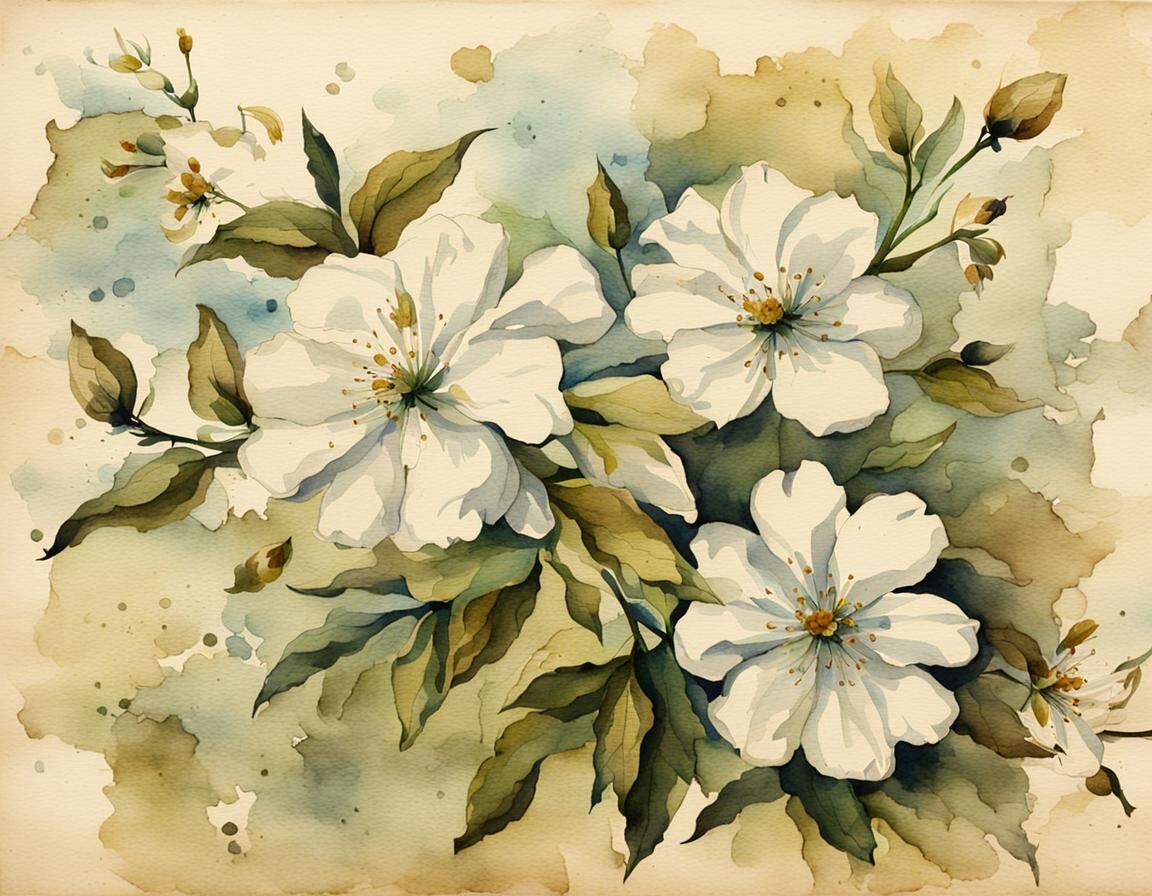 Watercolor White Flowers on Antique Paper