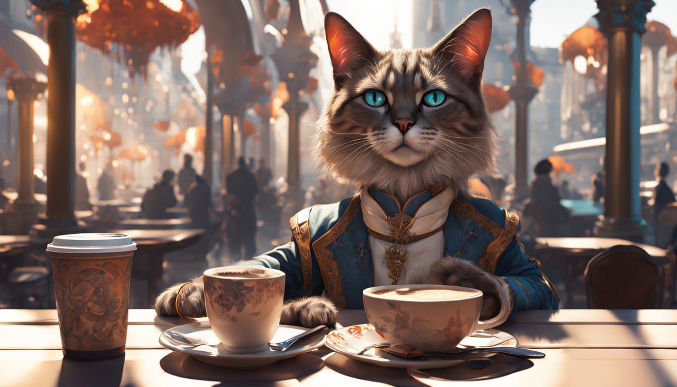 Cheeky Siamese Cat Enjoys Cappuccino in Cafe