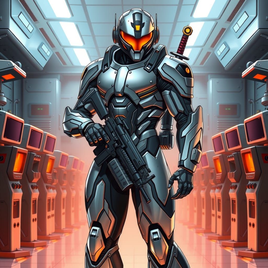 Cyberpunk Super Soldier in Metallic Power Suit