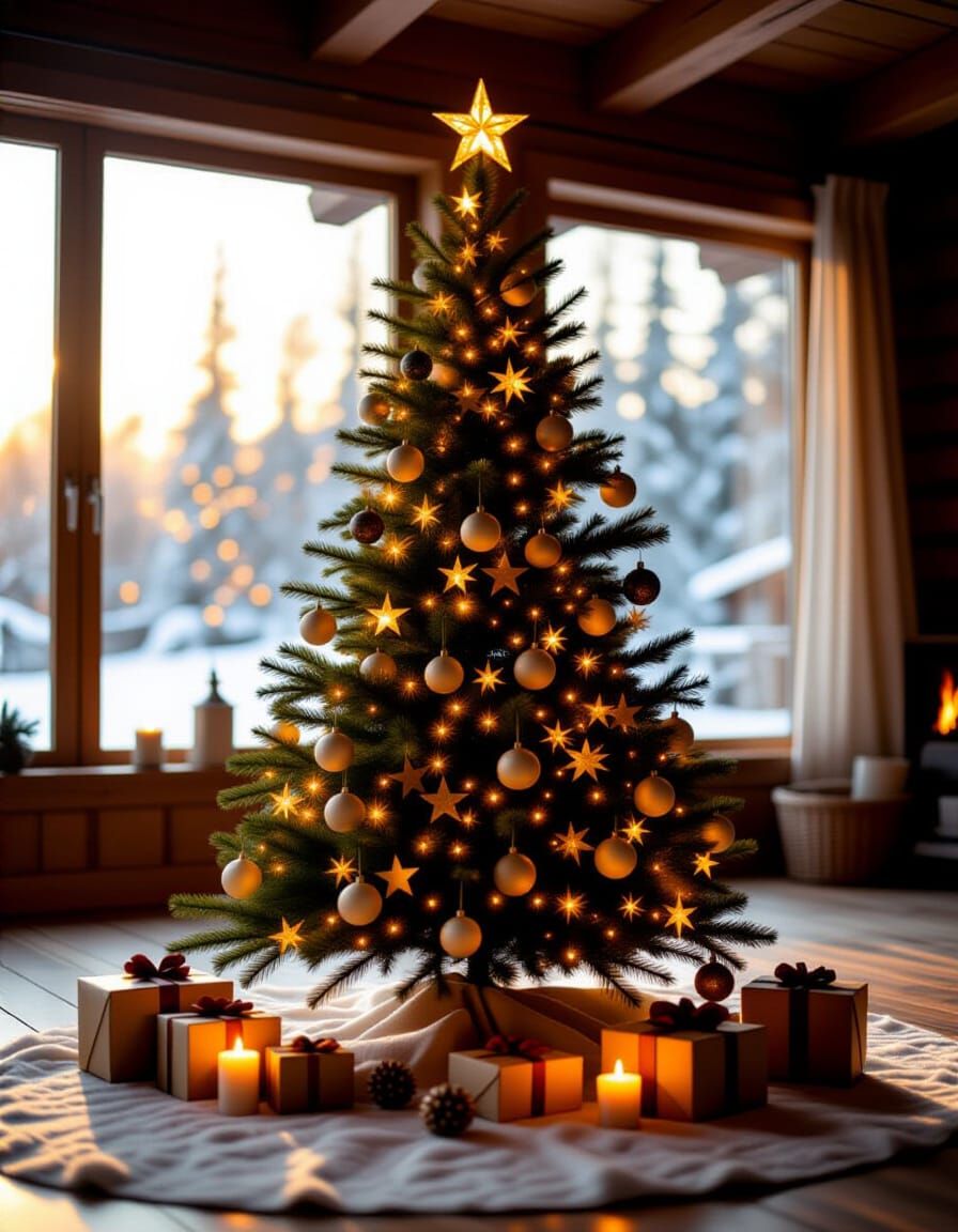 Stunning Christmas Tree with Straw Stars and Candles