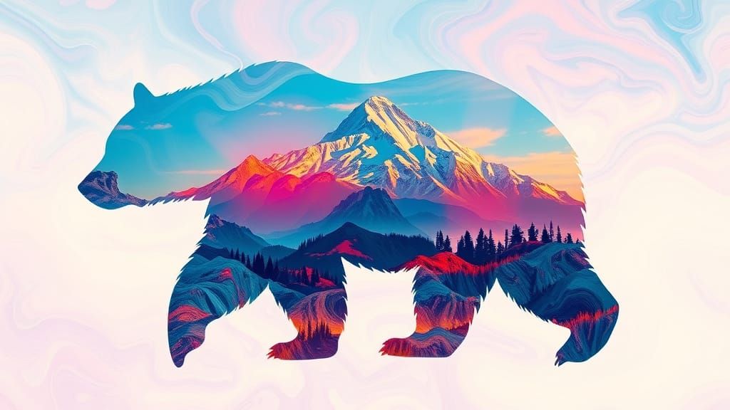 Translucent Bear Silhouette with Mountain Vista