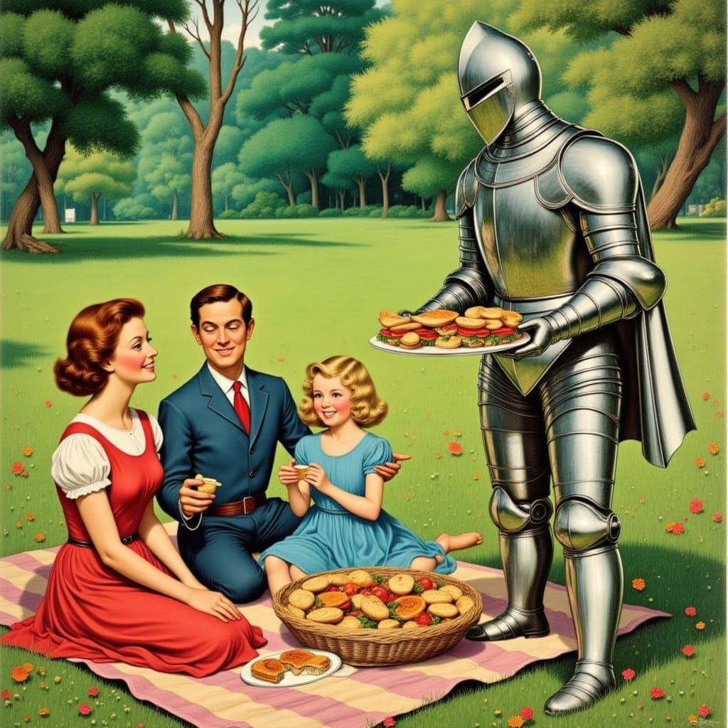 1950s Ad Illustration: Family Picnic with Alien Artifacts an...