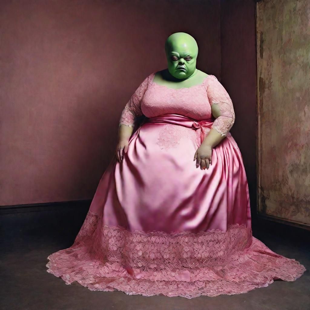 Alien in Pink Dress: Grotesque Oil Painting