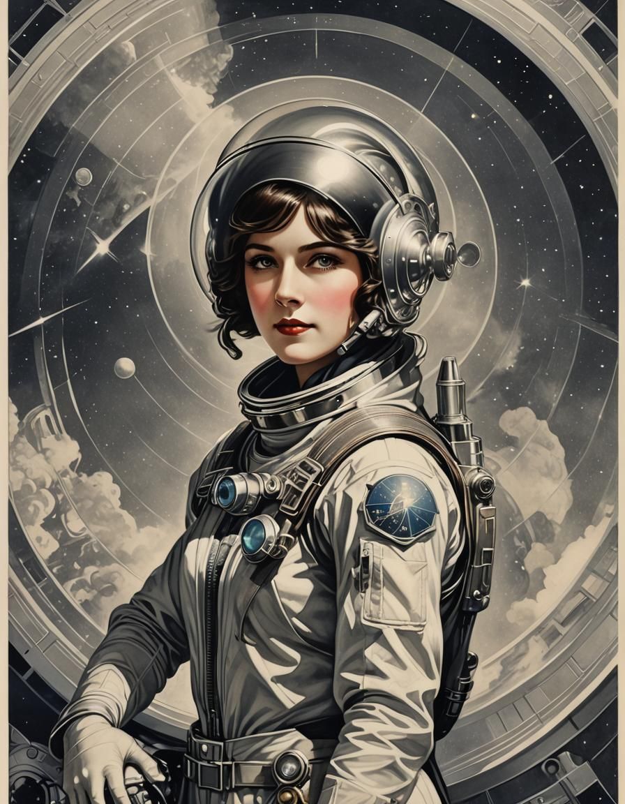 Retro Art Deco Astronaut Poster in Silver-Point