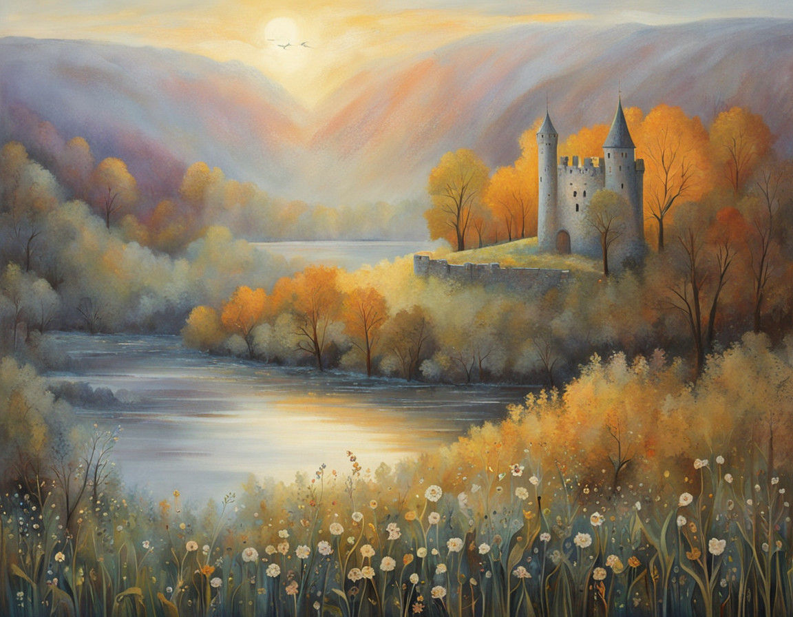 Medieval Castle Emerges in Morning Mist Landscape