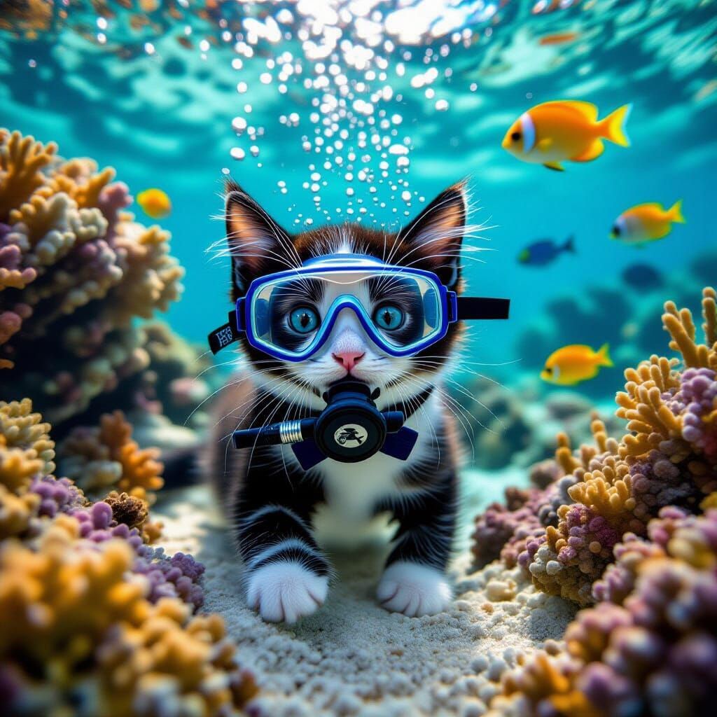 Tuxedo Kitten Scuba Diving in Coral Reef