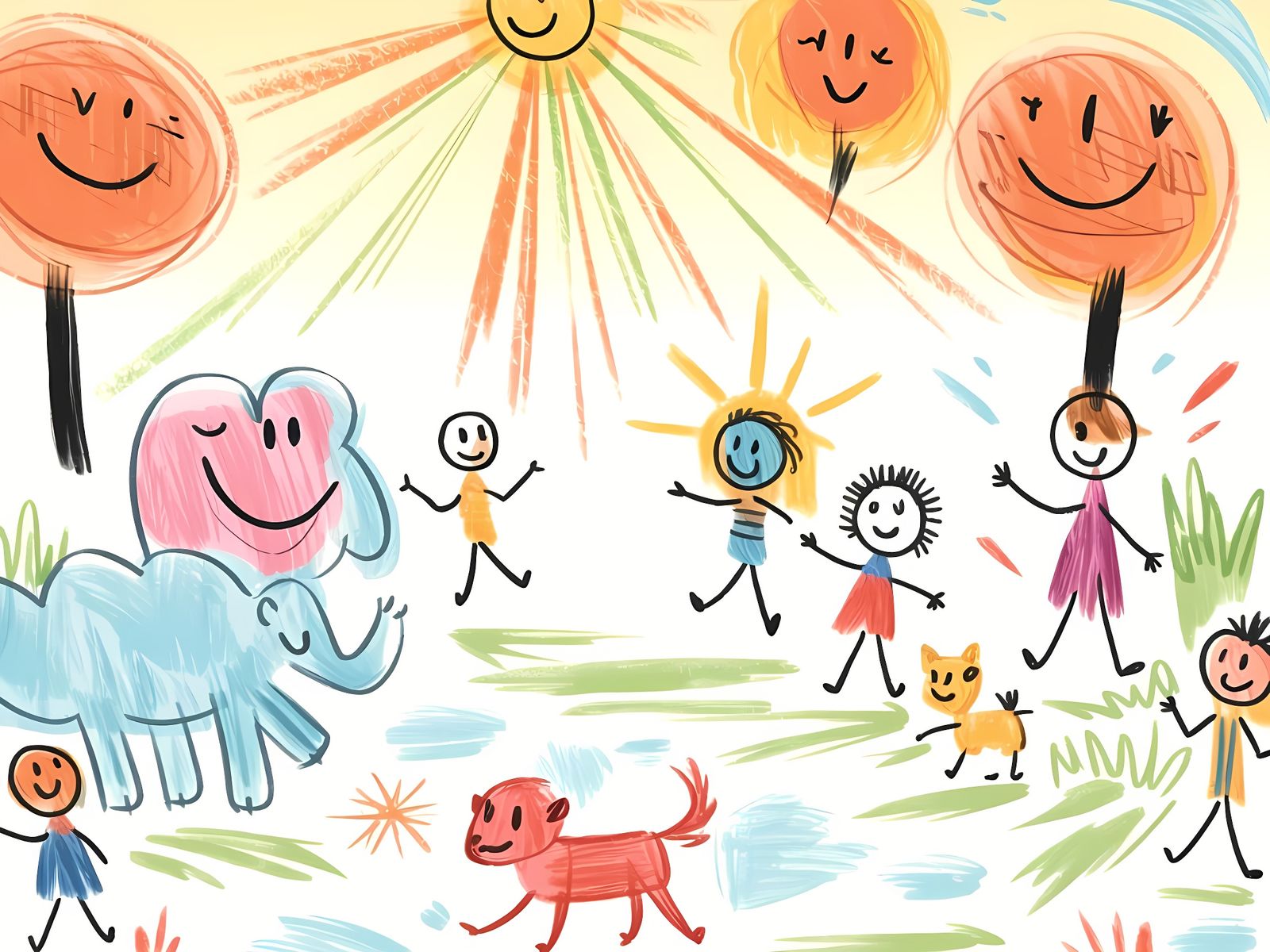 Vibrant Colorful Doodle of Dancing Stick Figures in Triadic ...