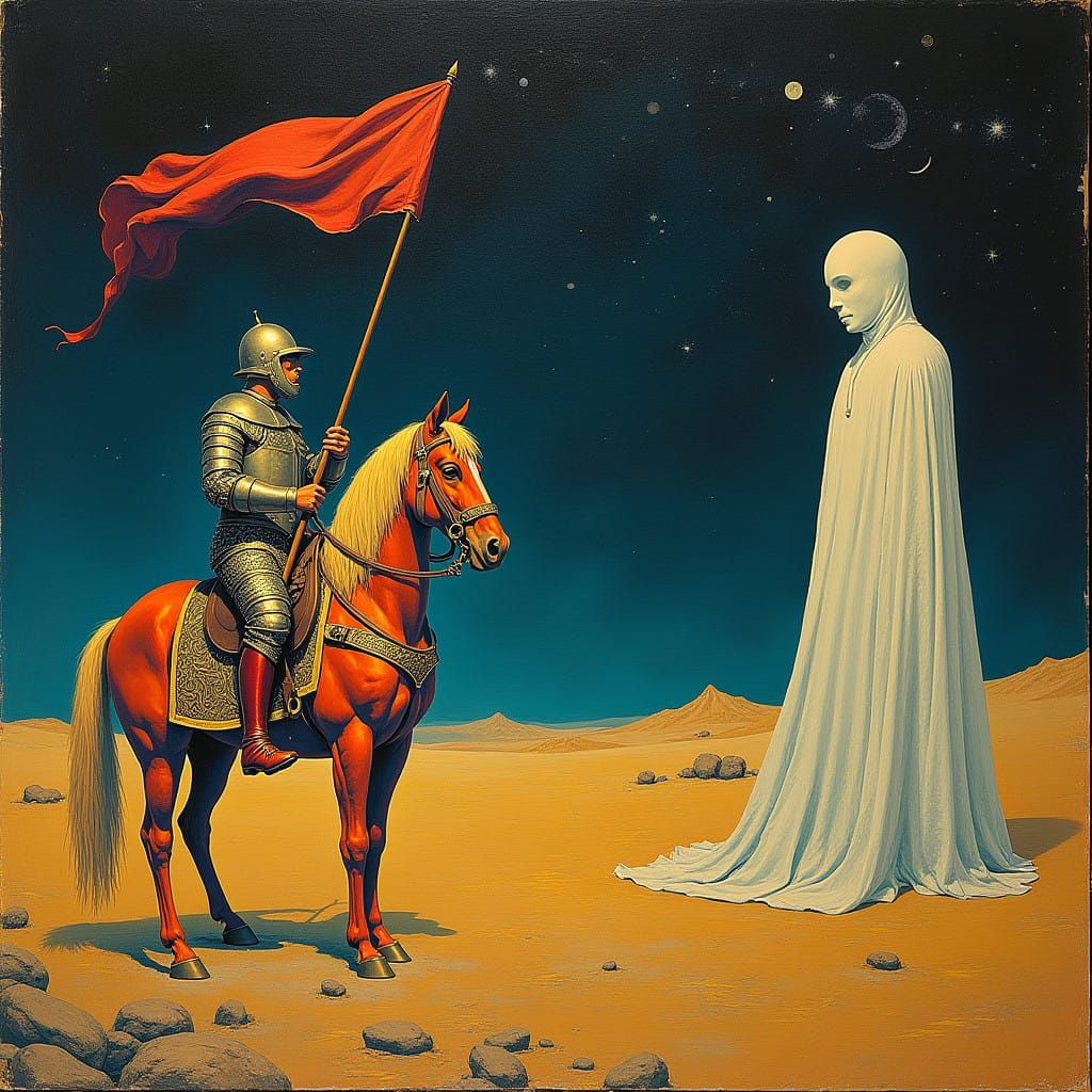 Ethereal Knight Rides with Ghostly Companion in Dreamlike De...