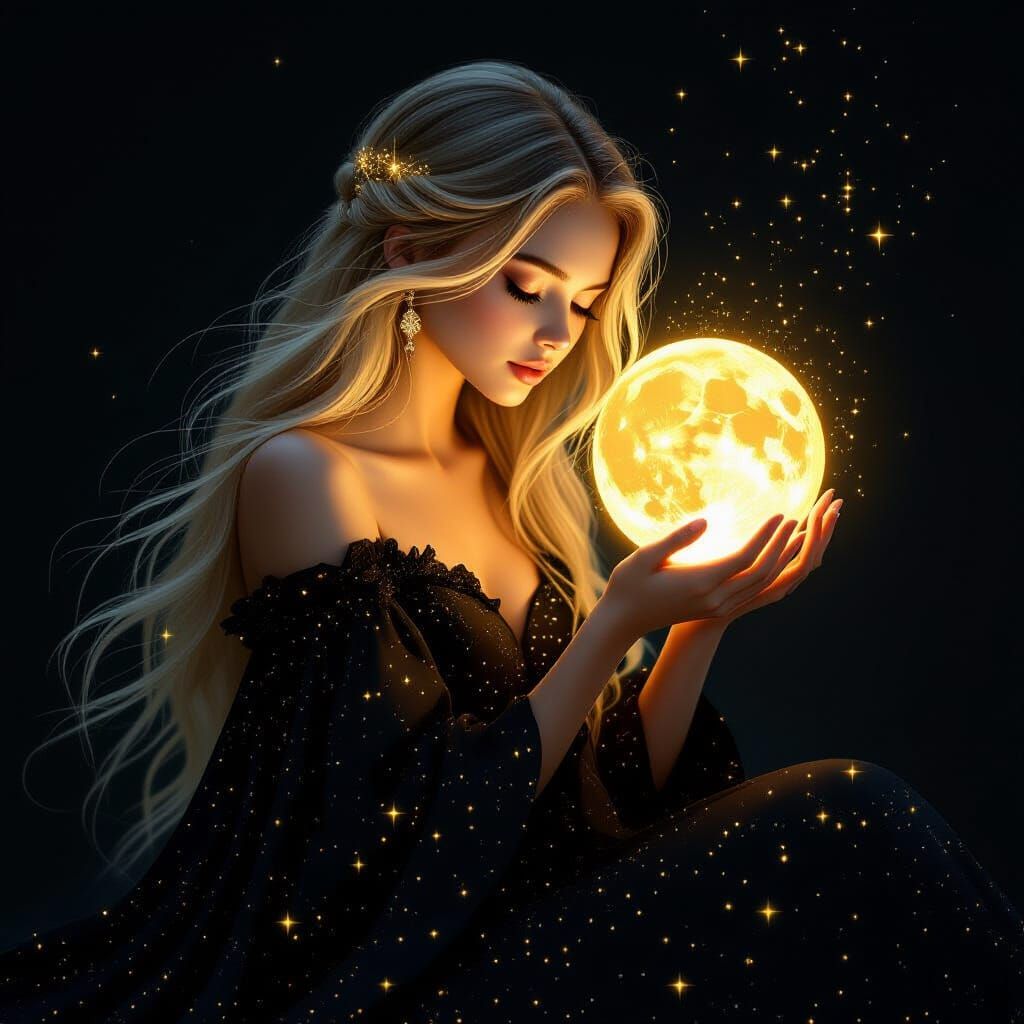 Ethereal Girl with Glowing Sun in Darkness