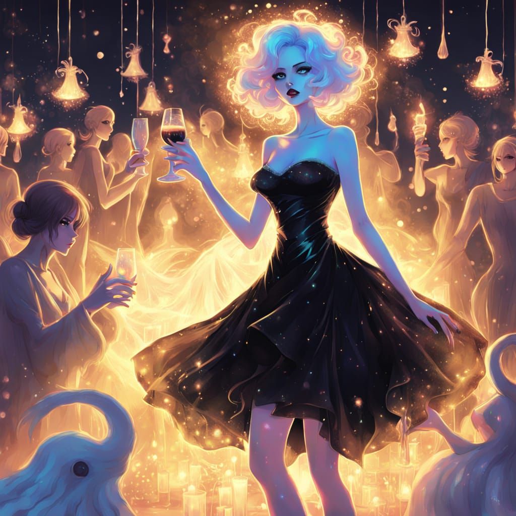 Ghost Woman at New Year's Ball in Anime Splash Art Style