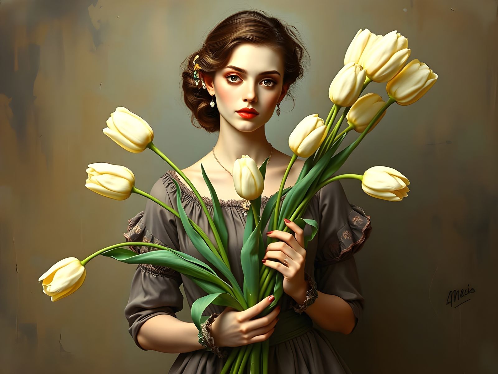 Surrealist Dancer with White Tulips in a Melting Matte Backg...