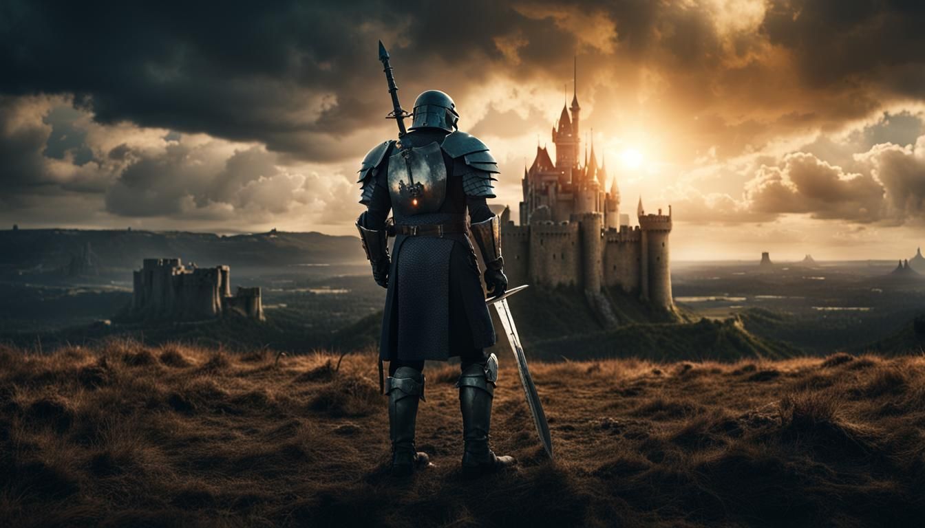 Medieval Soldier Confronts Robot Army in Cinematic Scene