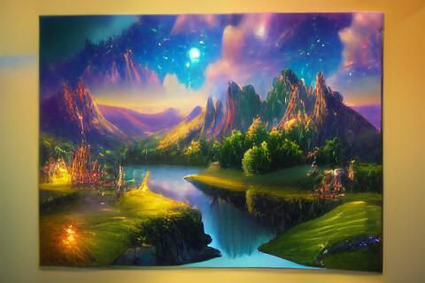 Iridescent Fantasy Landscape Under Starry Cosmic Sky