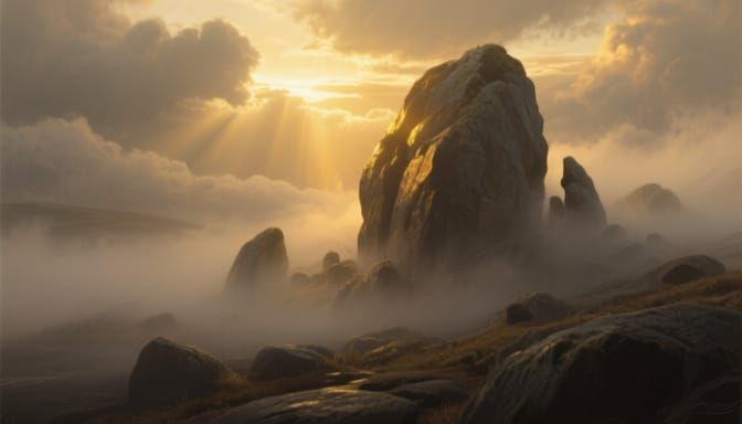 Misty Stone and Golden Sunlight in Digital Painting Style